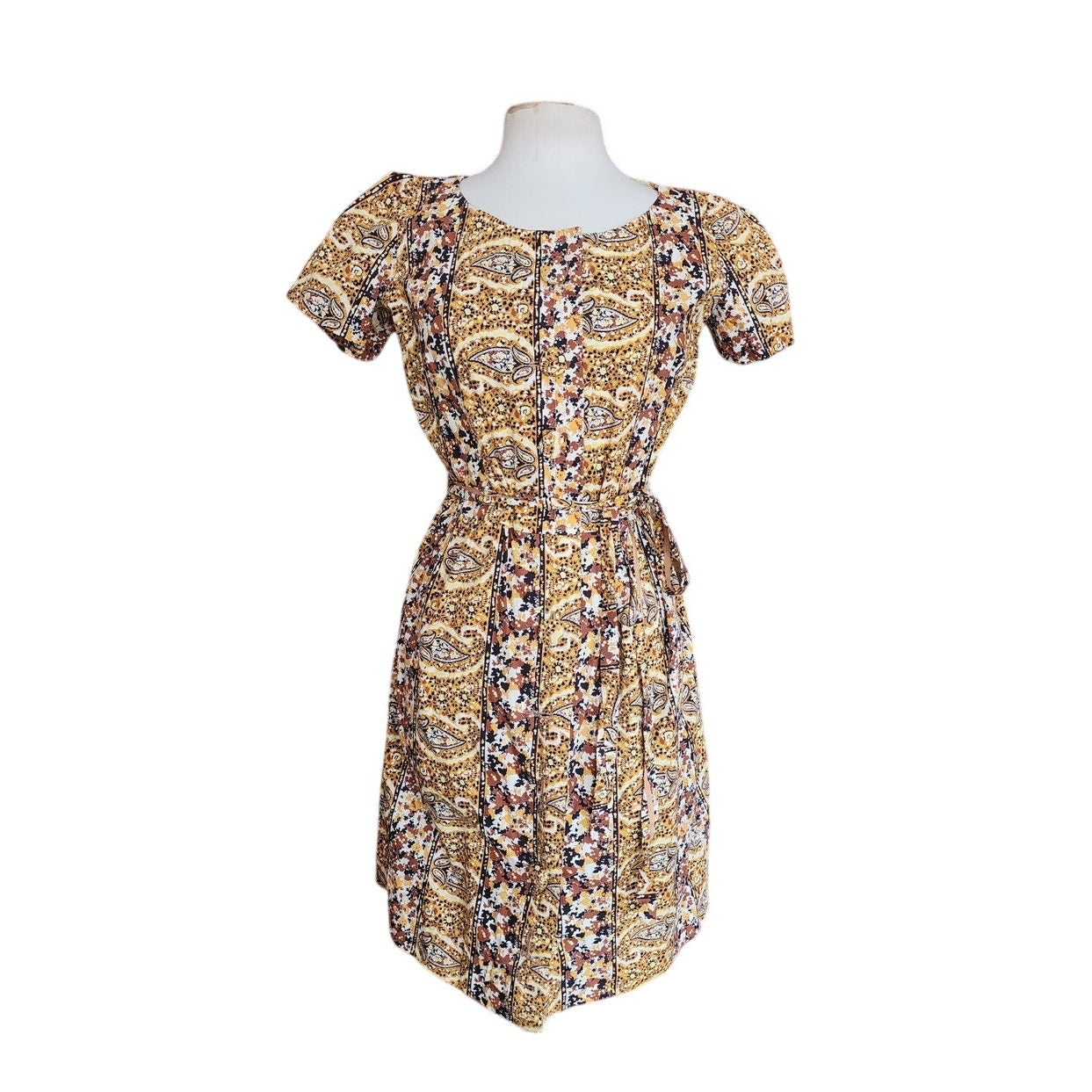 Vintage 50s Cotton Print Day Dress Yellow Black Paisley Print Shirtdress / M