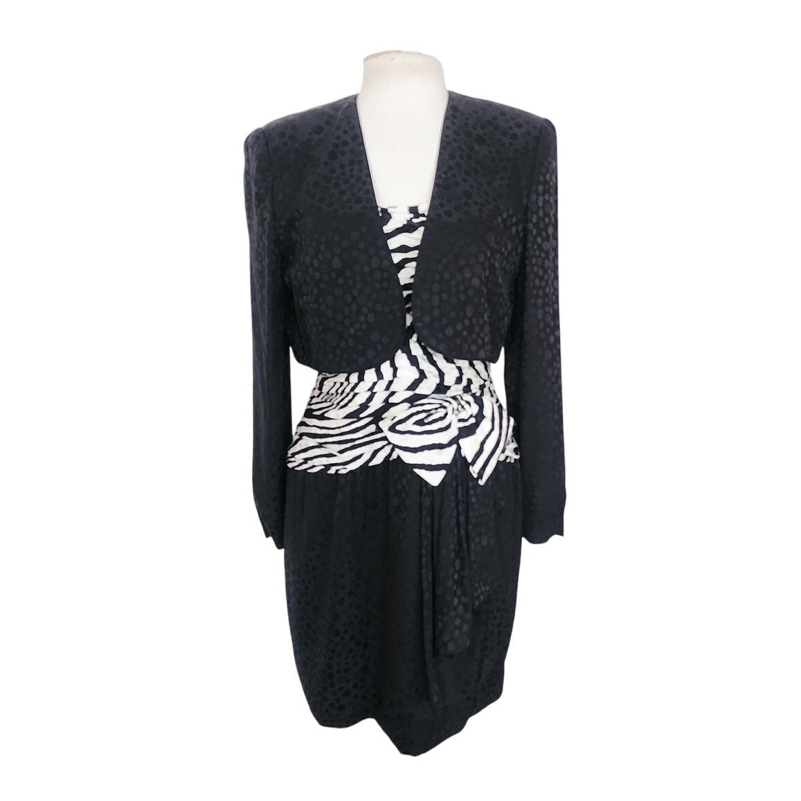 Vintage 1980s AJ Bari Strapless Dress + Bolero Jacket Suit Set Zebra Print Black White Silk / M