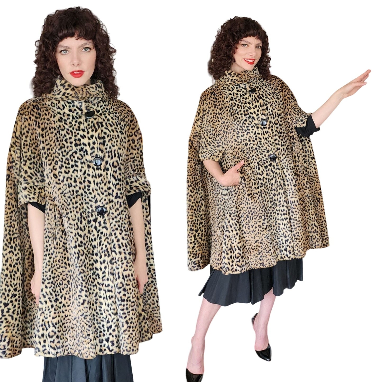 Vintage 60s Animal Print Cape Leopard Faux Fur Cloak Poncho Swing Style Coat