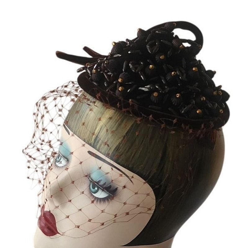 Vintage 1950s Hat Chanda Brown Beaded Velvet Asymmetrical Fascinator Bonwit Teller