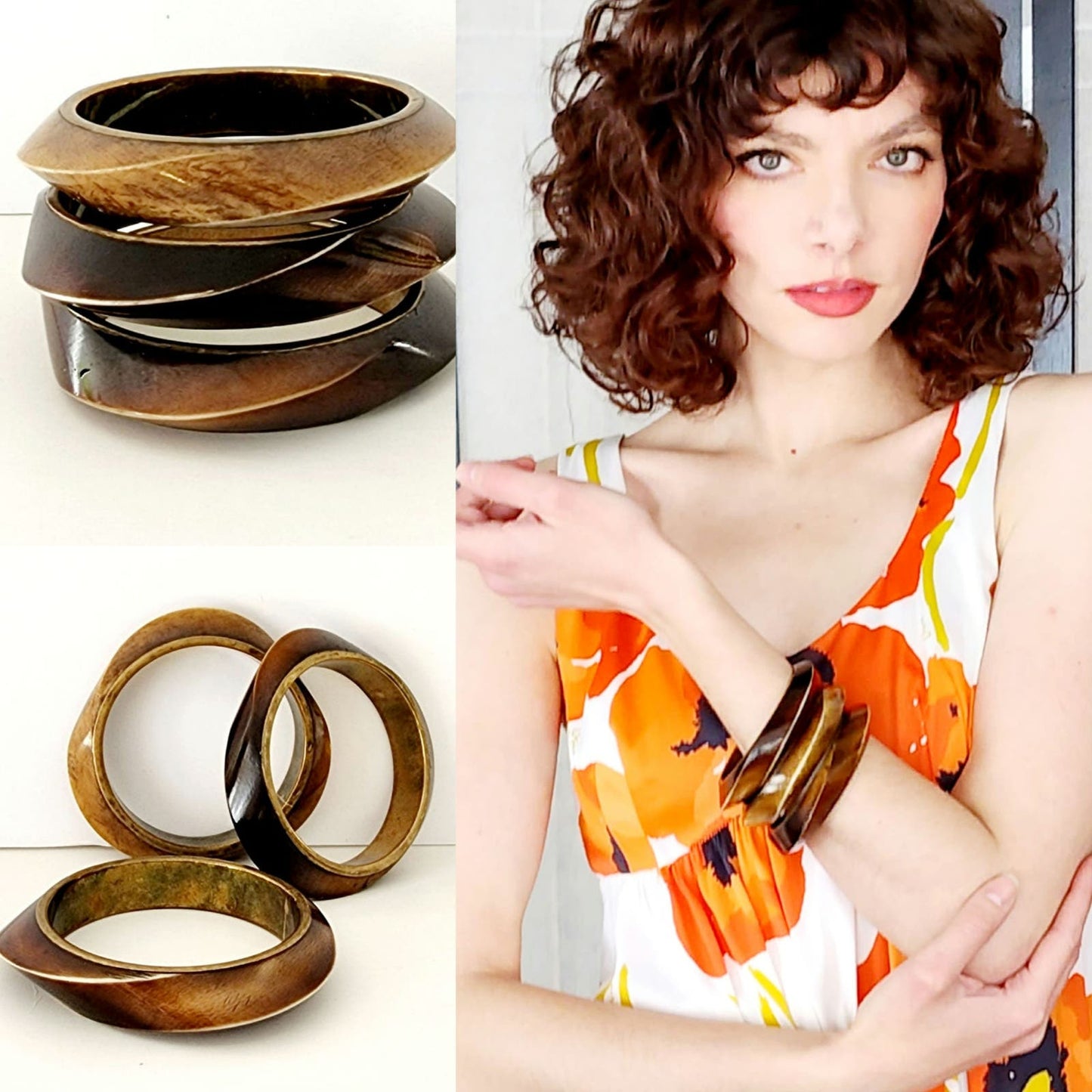 Vintage 70s Bracelets Brown Ombre Beveled Bangles