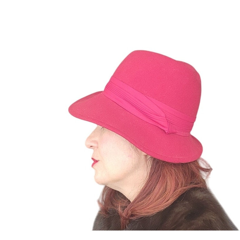 70s Raspberry Red Wool Hat Large Brim Betmar