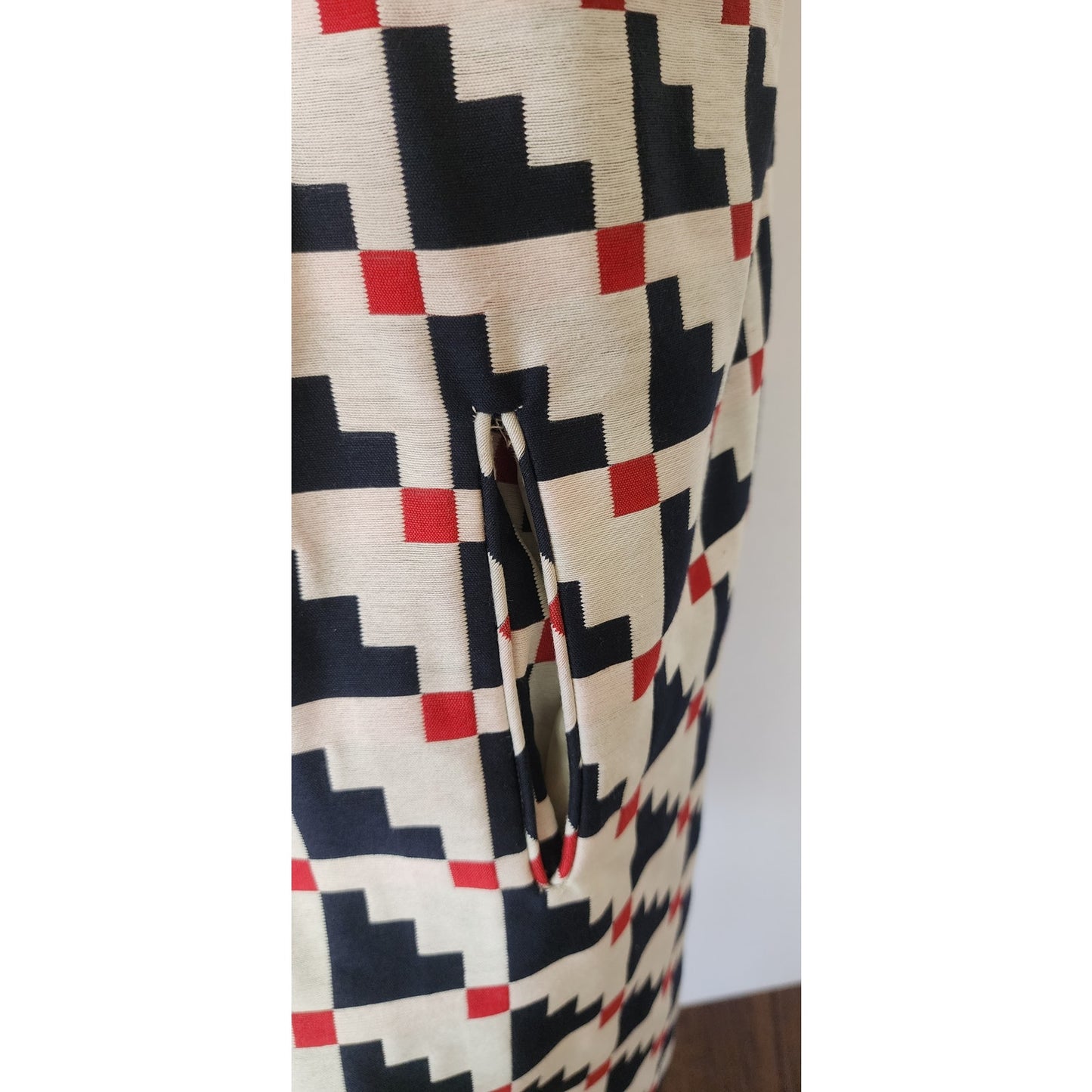 Vintage 60s Mod Dress Suit / Coat Set Geometric Print Navy Blue Red White