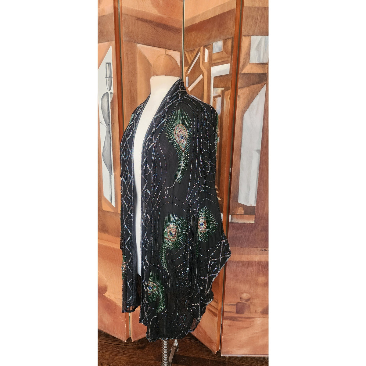 Vintage 1990s Evening Kimono Jacket Shimmering Peacock Feathers Beaded Black Duster Boho Chic Art Nouveau Deco