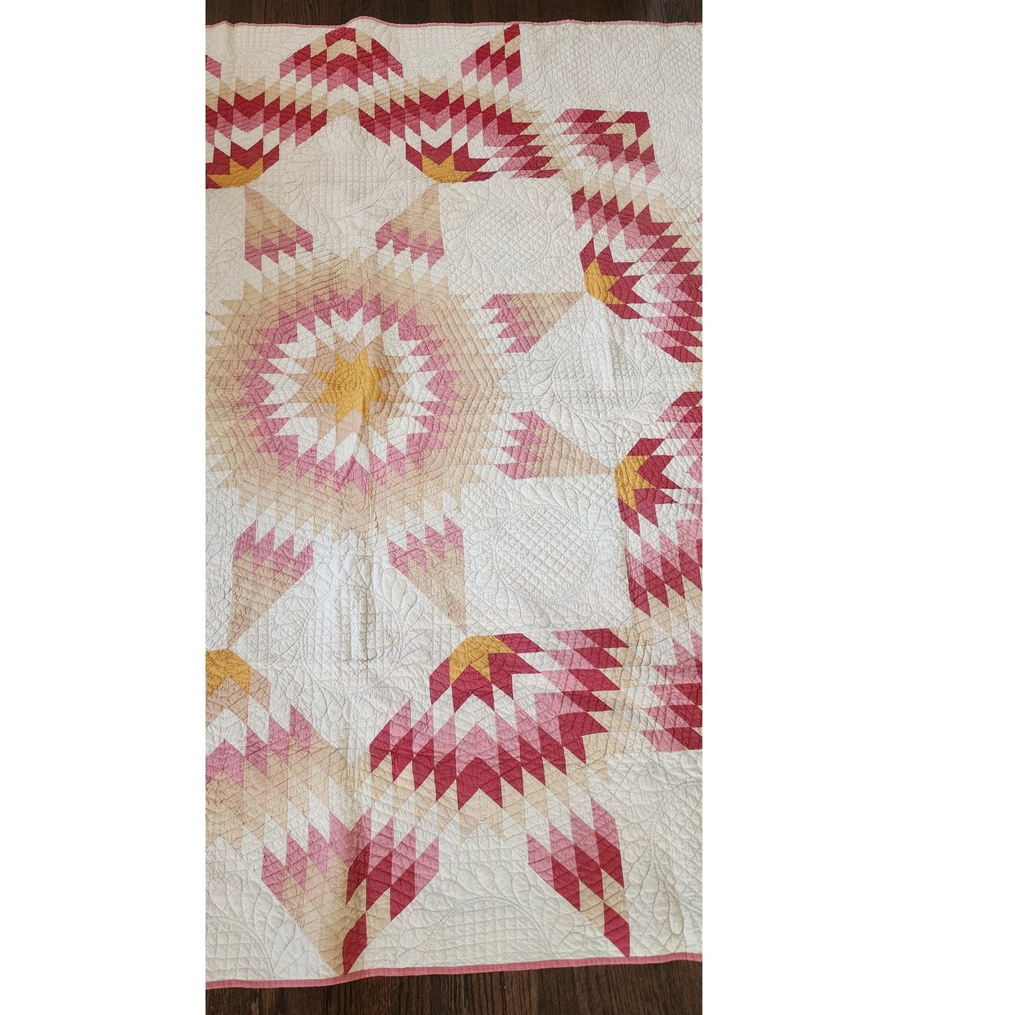 Antique American Quilt 1800s Broken Star Feather Wreath Hand-Quilted Cotton Pink Cheddar