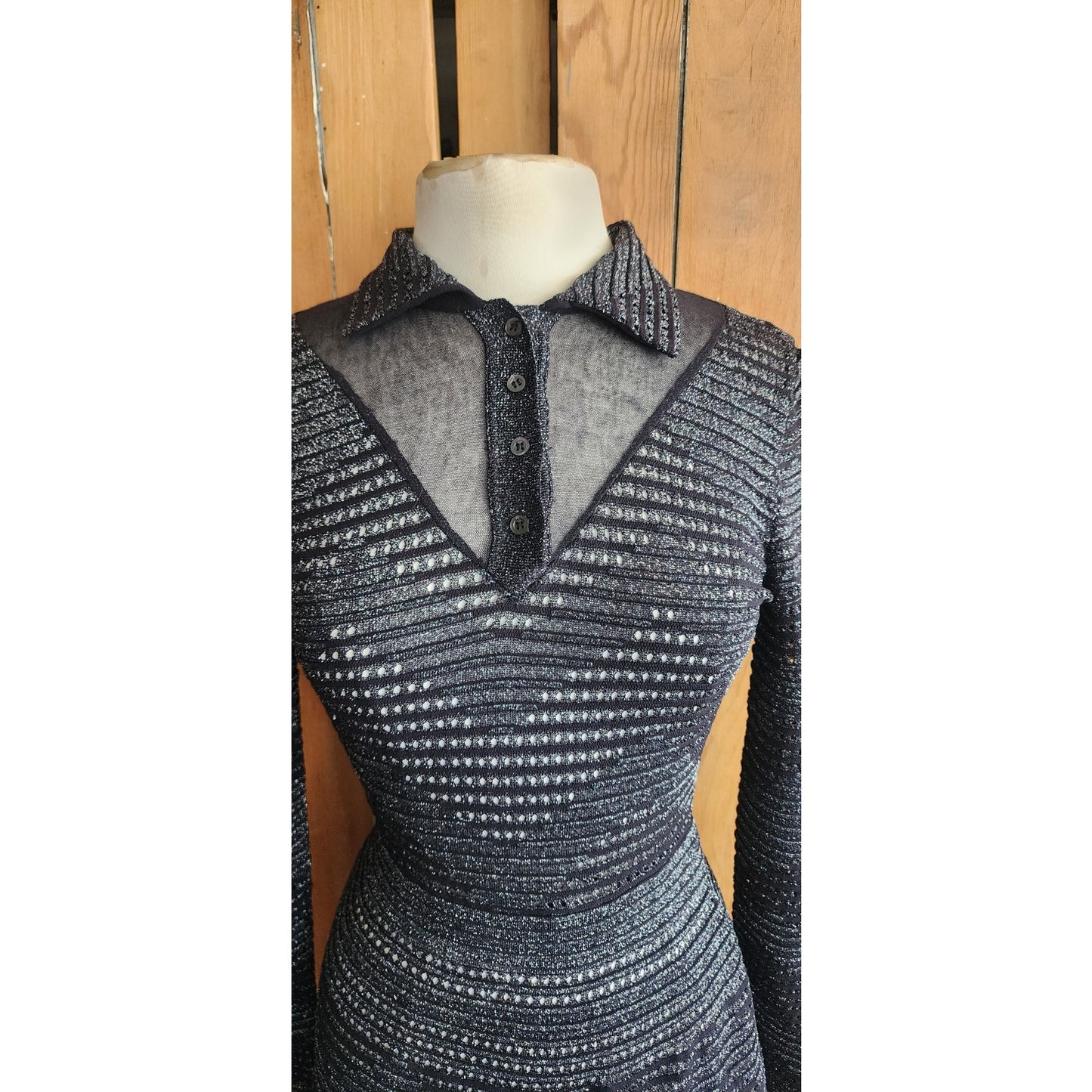 Vintage MISSONI Knit Dress Metallic Black Midi Length Stretchy / S-M