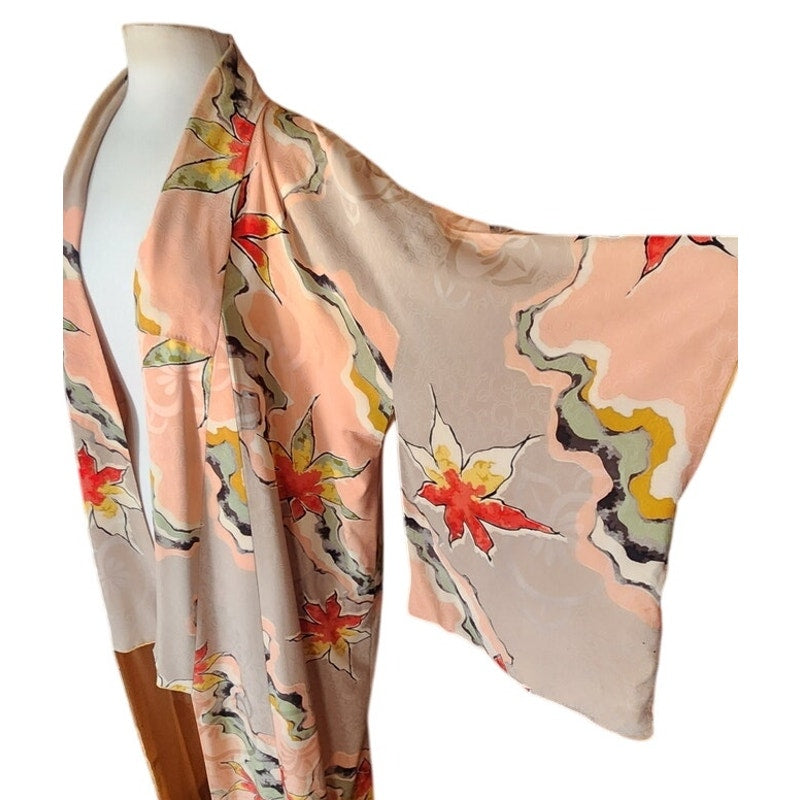 Vintage 1960s Traditional Japanese Silk Kimono Robe Floral Jacquard