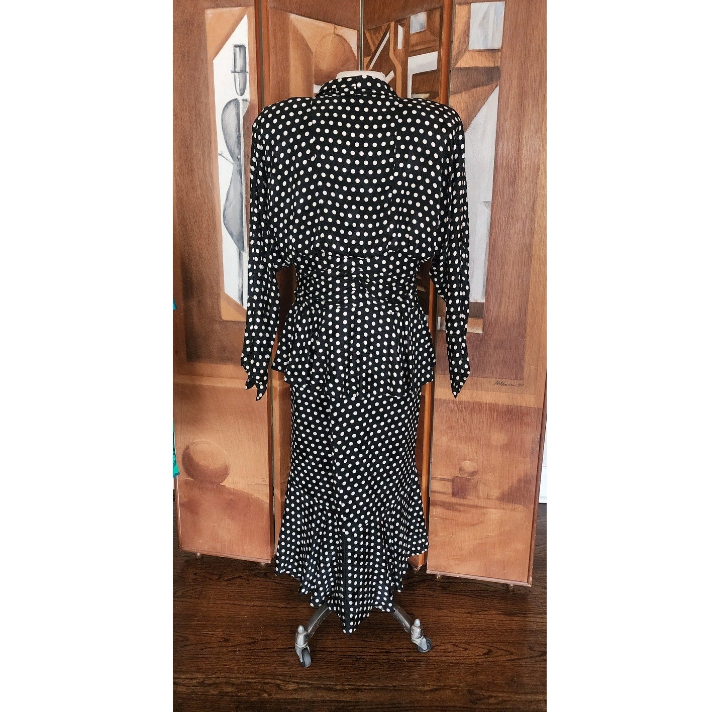 Vintage 80s Saint Romei Neiman Marcus Silk Polka Dot Peplum Jacket Fishtail Skirt Suit Set