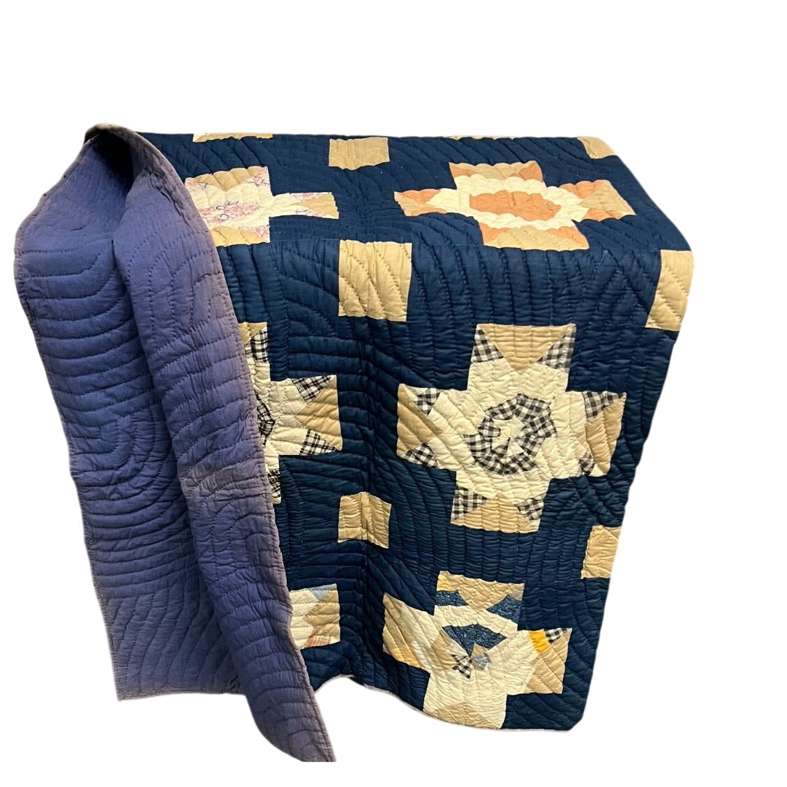 Antique 1800s Quilt Variable Stars Scraps Sampler Crossed Roads Dark Blue w/Cream Crosses