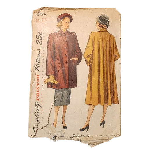 Vintage 40s Sewing Pattern: Womens Swing Coat Simplicity 2184