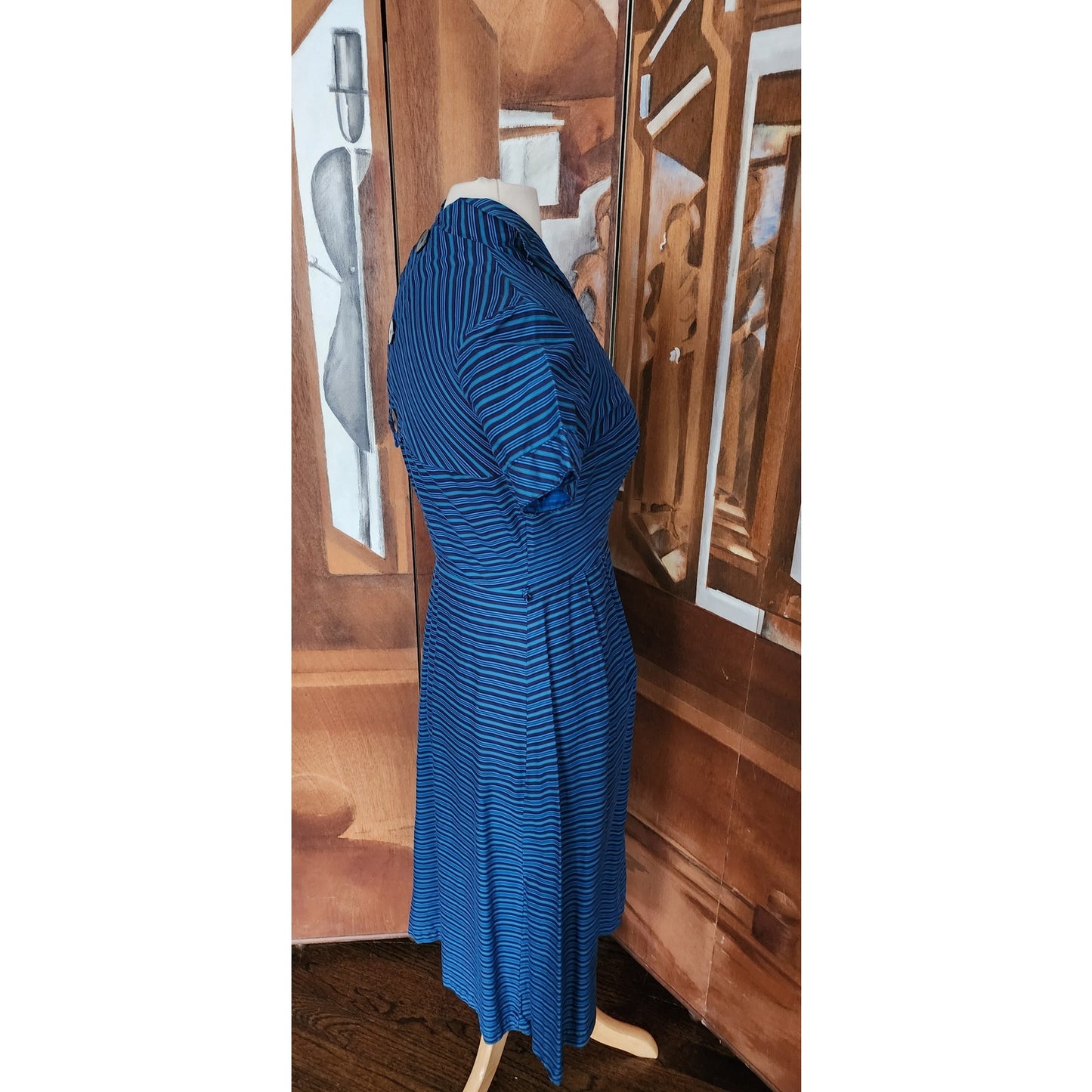 Vintage 50s Glenbury for Huntington Blue Striped Fit & Flare Day Dress