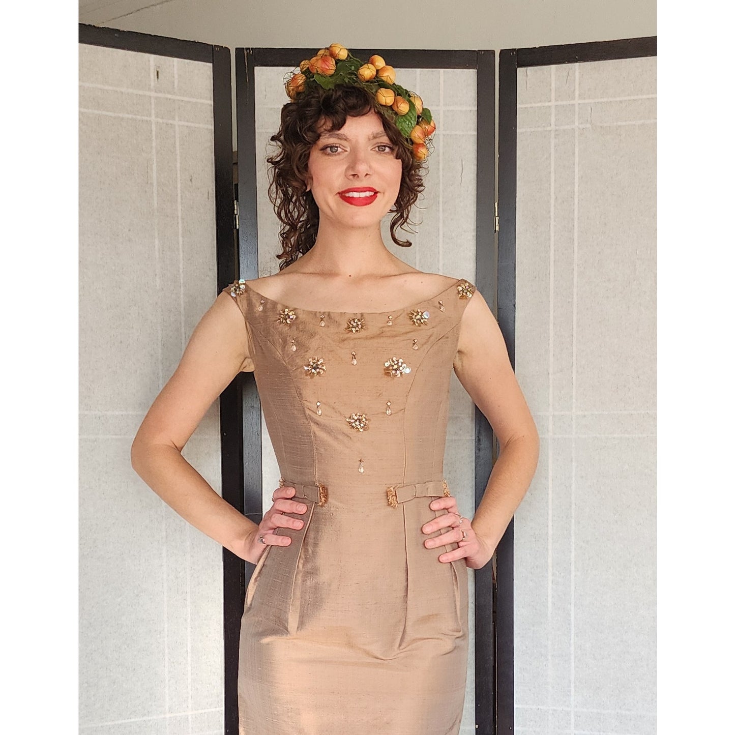 Vintage 50s Beige Silk Dress Suit w/Rhinestones