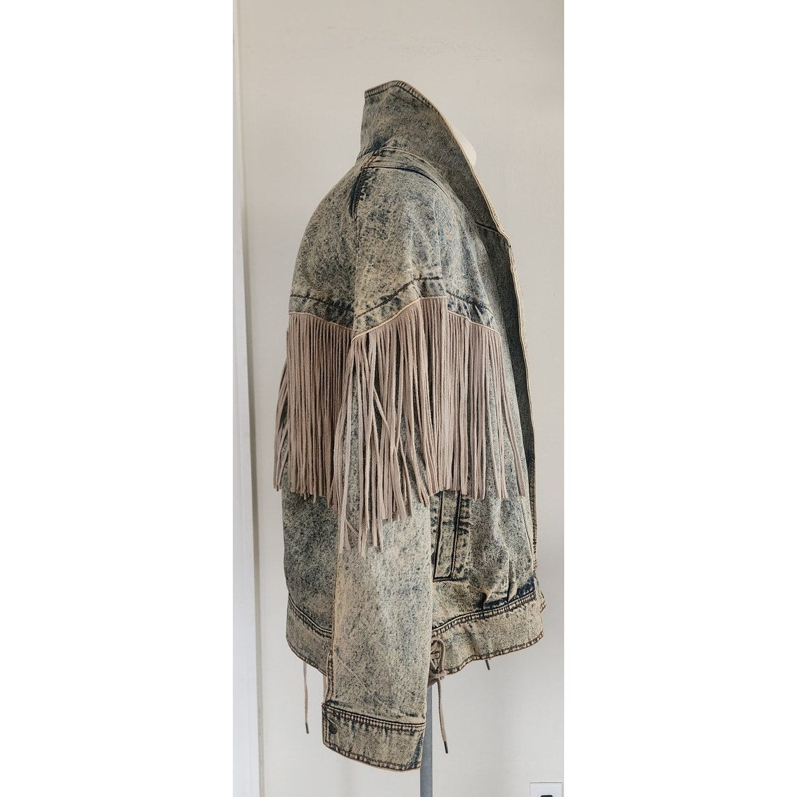 Vintage 80s Rock Creek Trading Co Acid Wash Denim Jacket PLUS SIZE Leather Fringe, Western Style