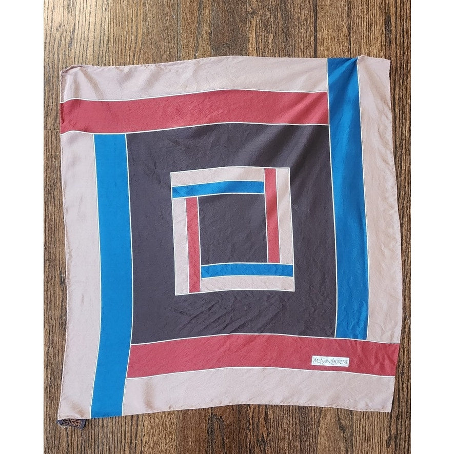 Vintage 80s Yves Saint Laurent Scarf Silk Square Geometric Print