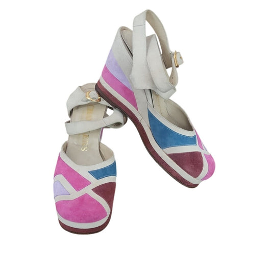 Vintage 1970s 80s Shoes Patchwork Suede Sandals Wedge Heel Pink Purple Blue 6