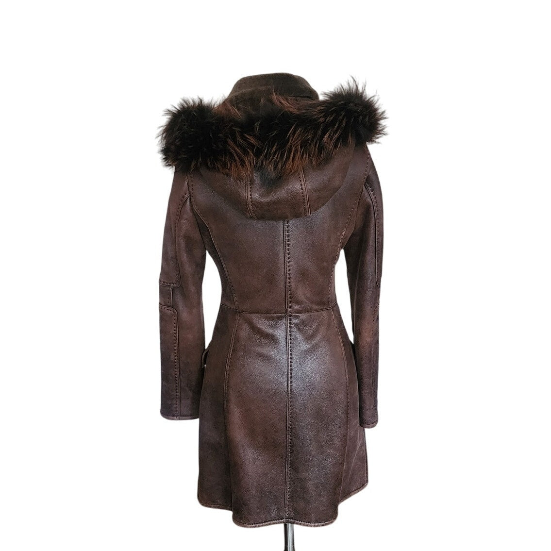 Vintage 2000s Brown Leather Parka Coat w/Fur Lined Hood & Shearling Liner Fitted S