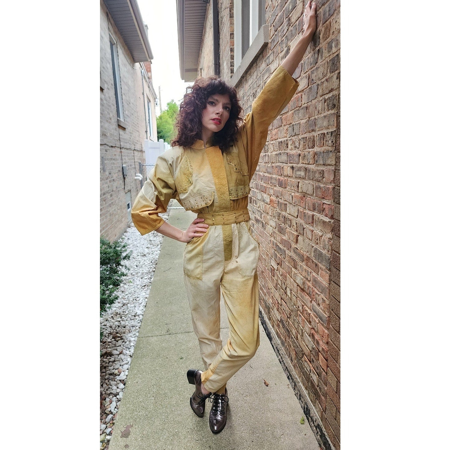 Vintage 80s Jumpsuit Yellow Gold Ombre w/Embroidered Studs Varda Garfinkel