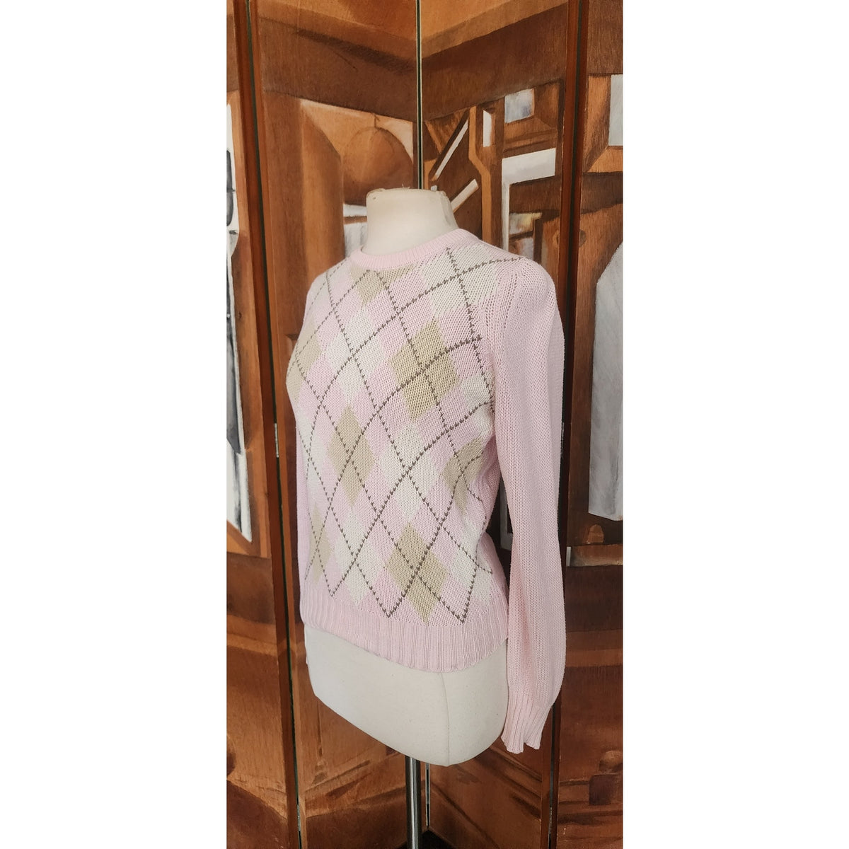 Vintage 1980s Burberrys Sweater Pink Argyle Plaid Preppy Made in Scotland