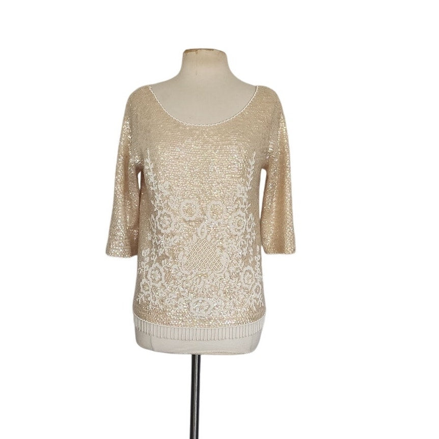 Vintage 1960s Beaded Sequined Top Cream Wool Long Sleeved Regalia Imports Hong Kong