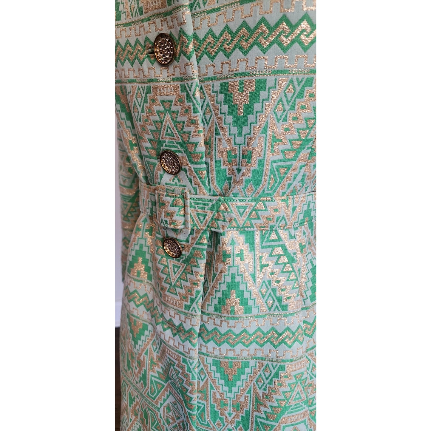 Vintage 1960s Belted Coat Mod Green Print Geometric Abstract Chas A Stevens