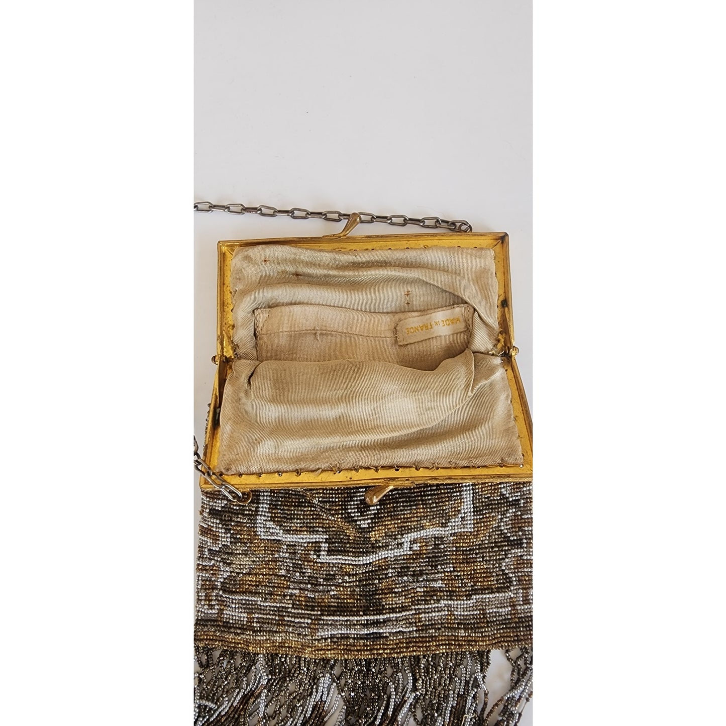 Edwardian Evening Bag Silver Gold Beading Fringe Dressy Purse