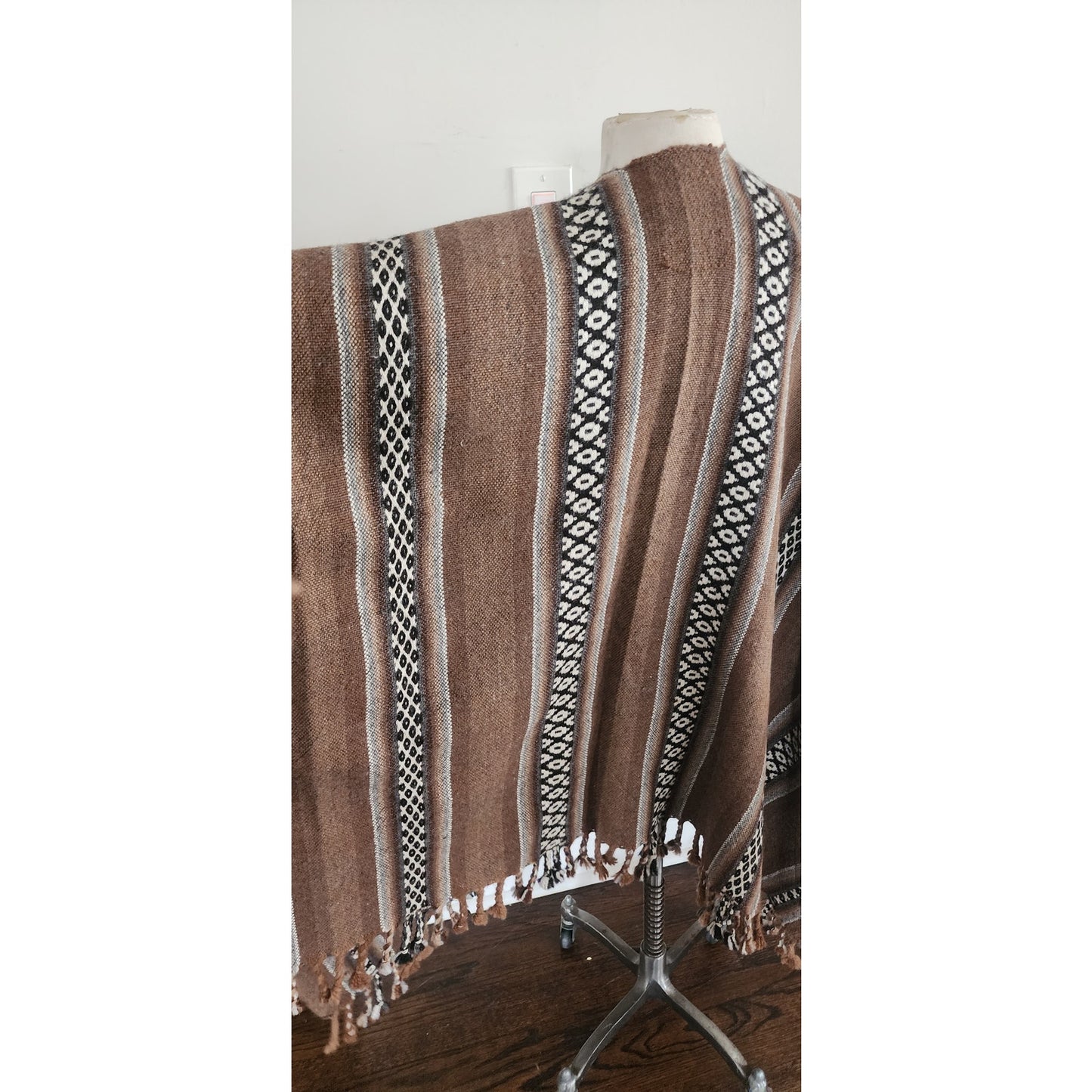 Vintage Fotrama Poncho Alpaca Wool Brown Cream Striped w/Fringe Handmade Ruana Bolivia