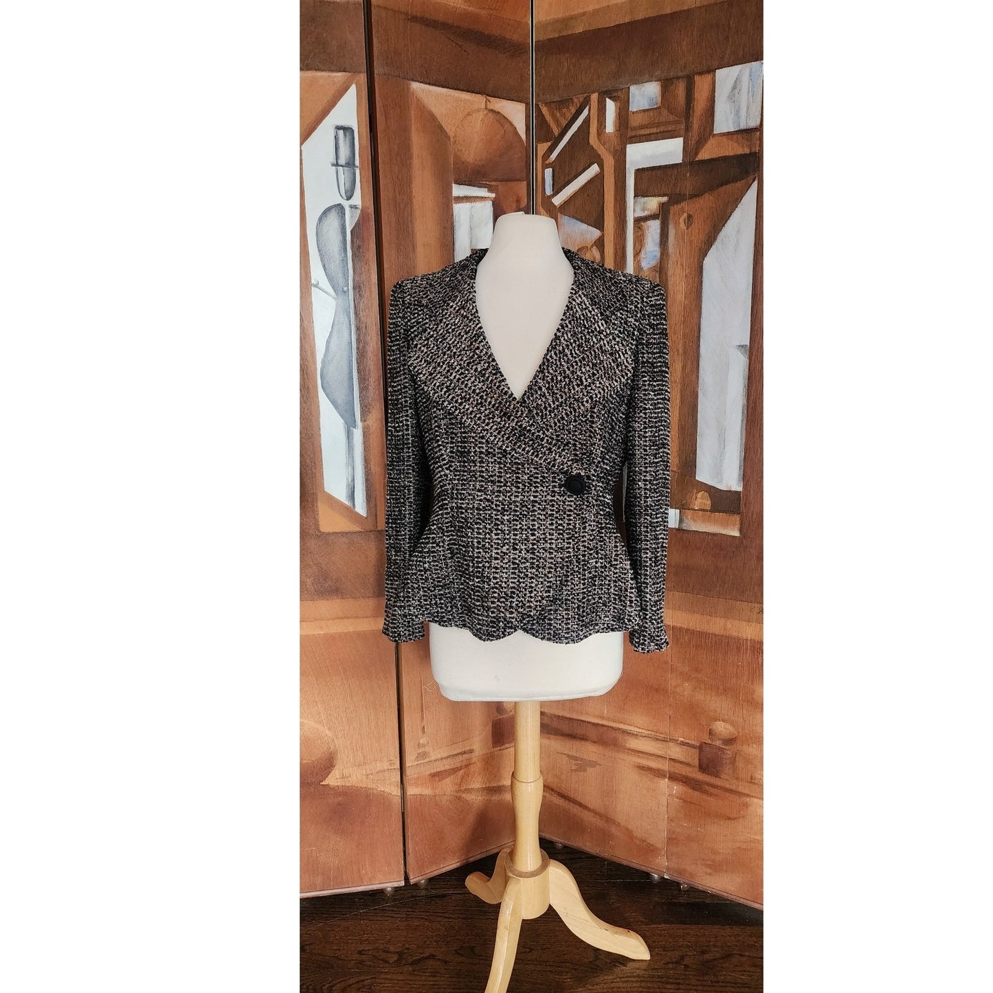 Vintage 2000s Armani Blazer Gray Gold Boucle Tweed Peplum Fitted Jacket / L