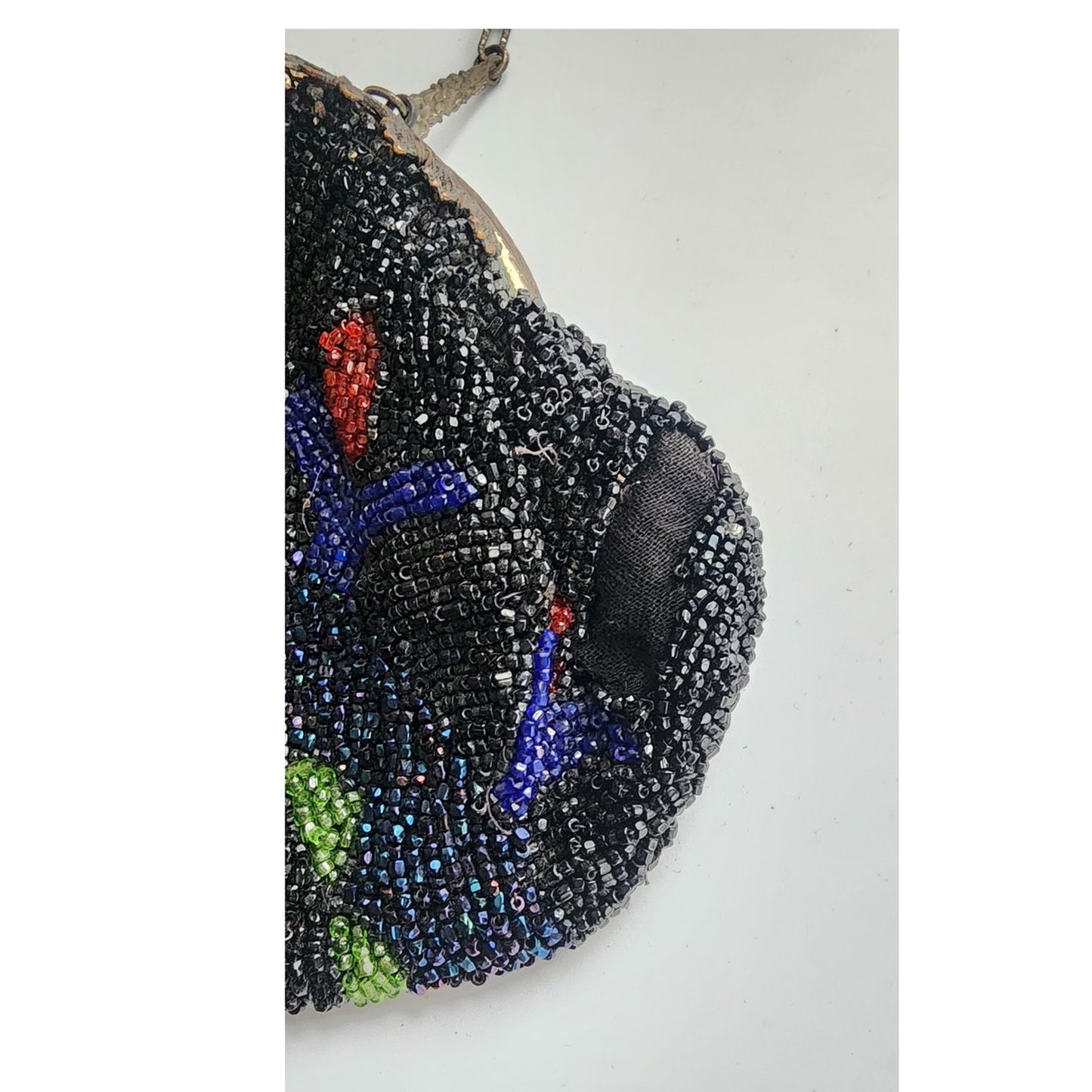 Antique Black Beaded Bag Colorful Flowers Ornate Metal Clasp AS IS