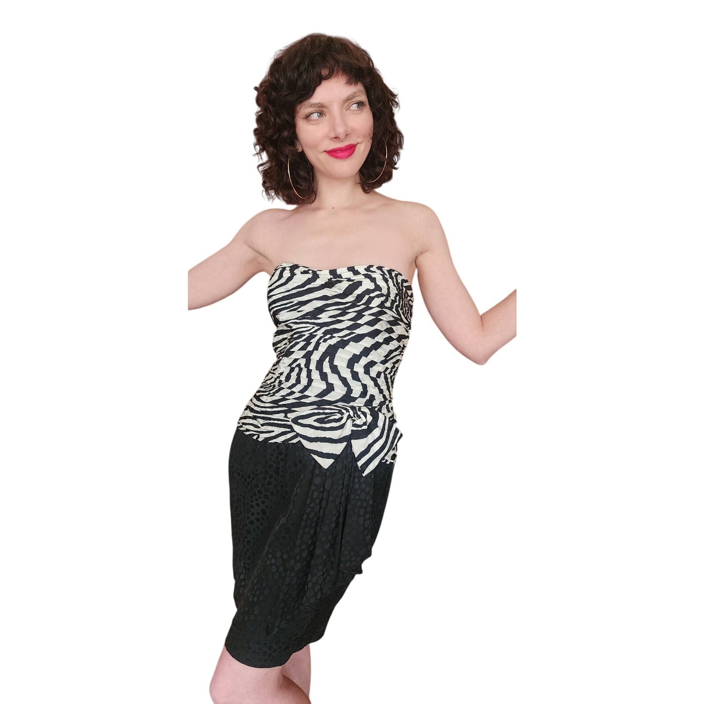Vintage 1980s AJ Bari Strapless Dress Bolero Jacket Suit Set Zebra Print Black White Silk / M