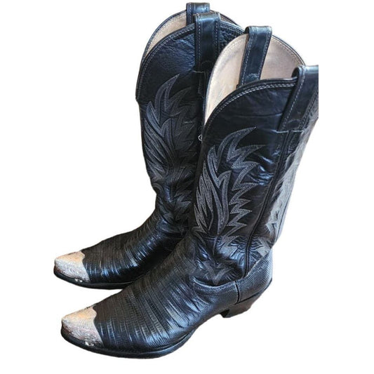 Vintage Ladies Cowboy Boots Tacco Black Tooled Leather Silver Etched Toes Snakeskin