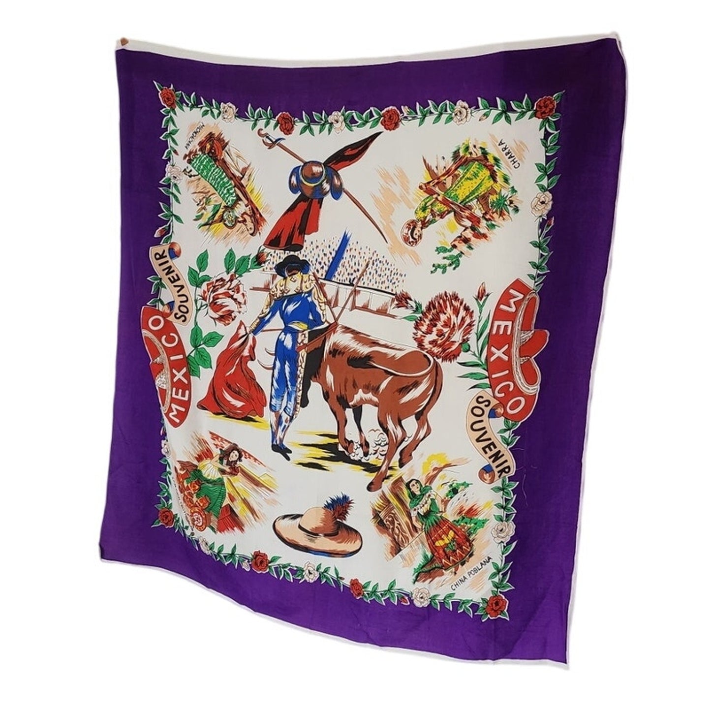 Vintage Souvenir Scarf Mexico Matador Bullfighting Print