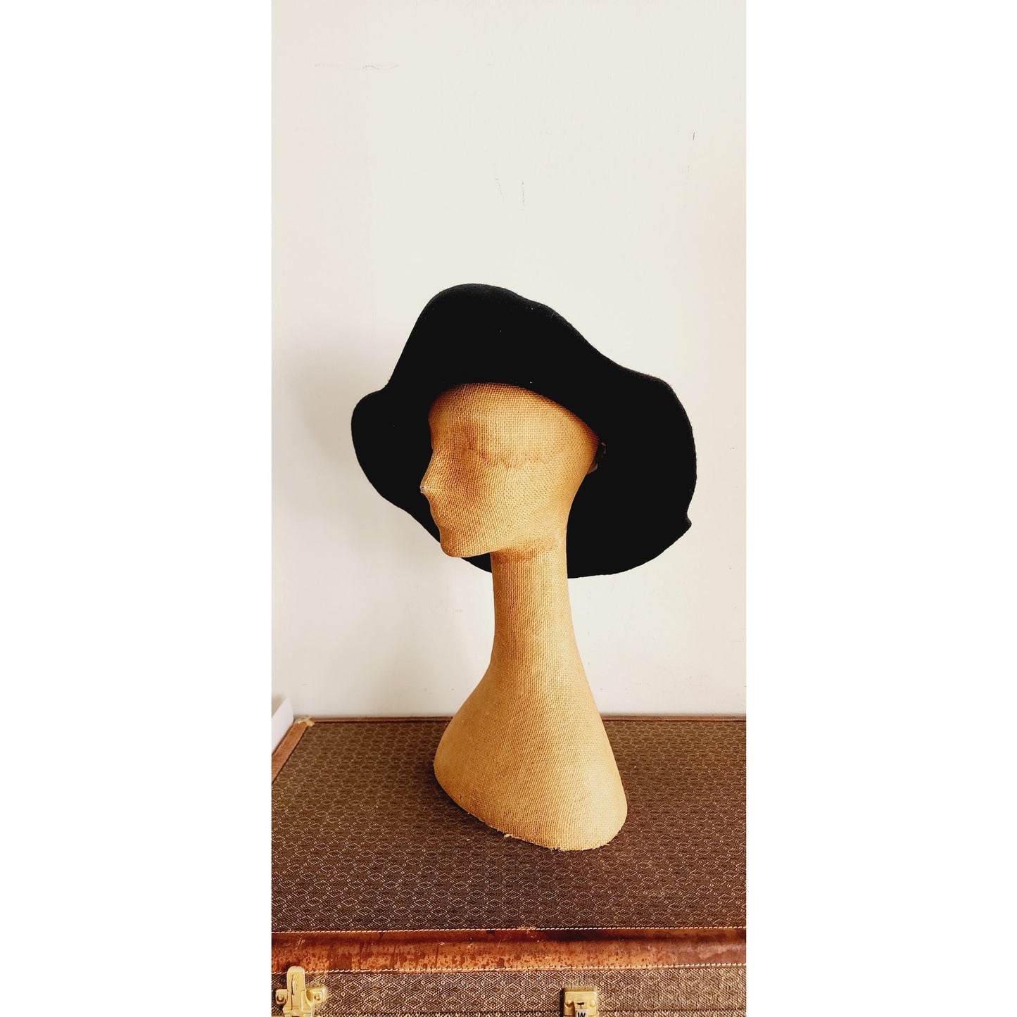 Vintage 80s Neo-Edwardian Hat Hooray Henri Wide Brimmed Black Felt Cream Lace