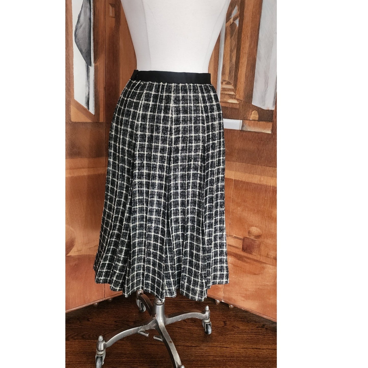 Vintage 1960s Mod Suit Pleated Midi Skirt + Top Gray Black Wool Tweed Geometric Schoolgirl