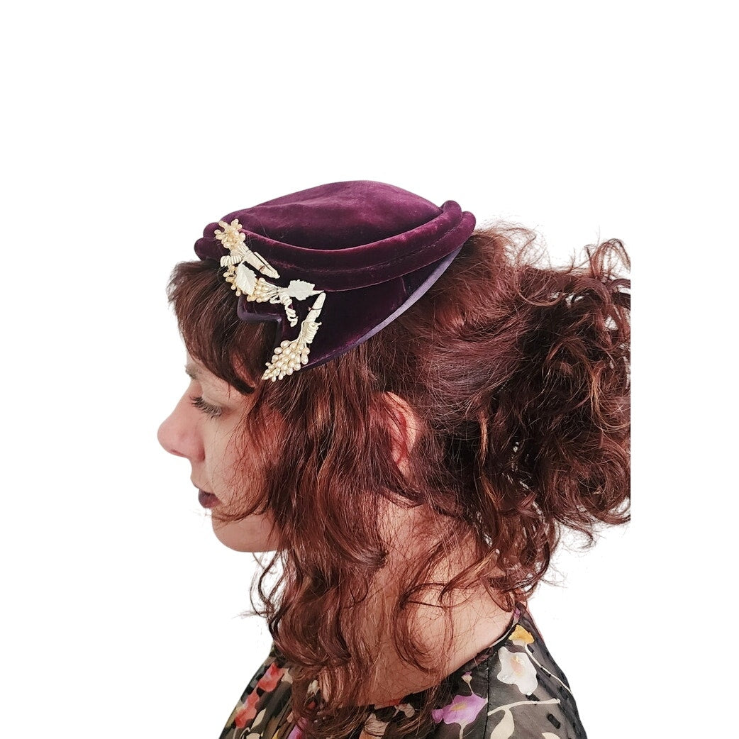 Vintage 50s Hat Burgundy Red Velvet w/Beaded Floral Trim by Anne Savel