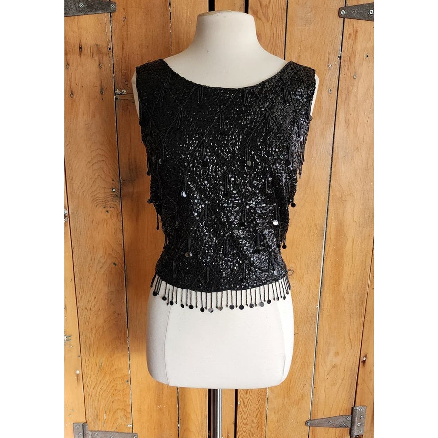Vintage 60s Black Beaded Shell Top Dressy Sleeveless