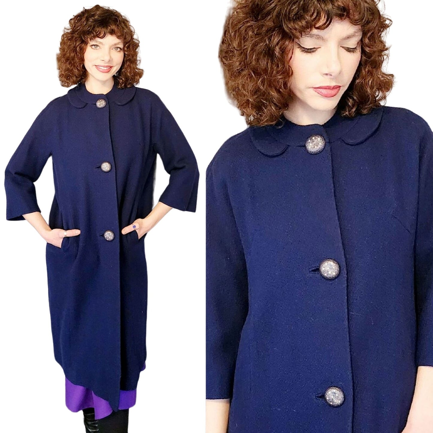 Vintage 60s Navy Blue Coat Rhinestone Buttons Lytton's