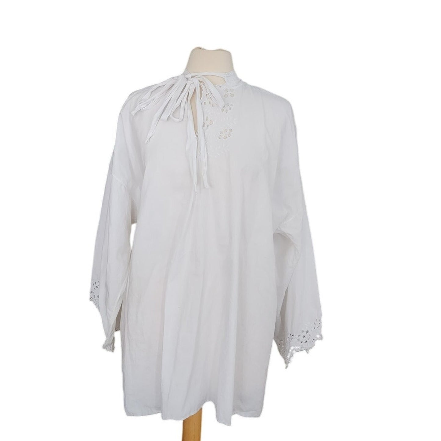 Antique Edwardian Poet's Blouse White Cotton Tunic Shirt w/ Embroidered Crochet Lace Sash Tie