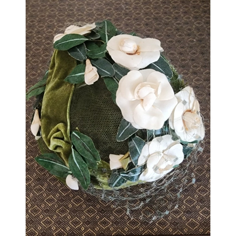 Vintage 50s Flower Hat Green Beige by Paulette Paris