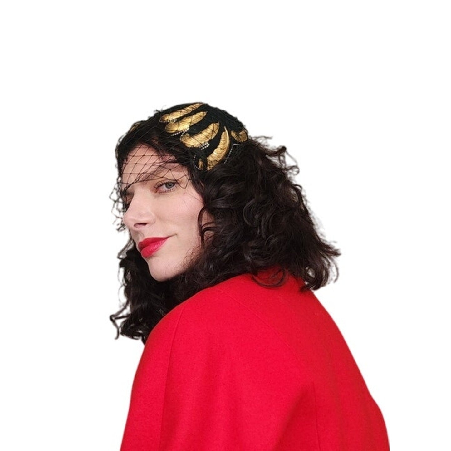 Vintage 50s Bes-Ben Hat Black Wool Gold Feather Veil Chicago Millinery OOAK