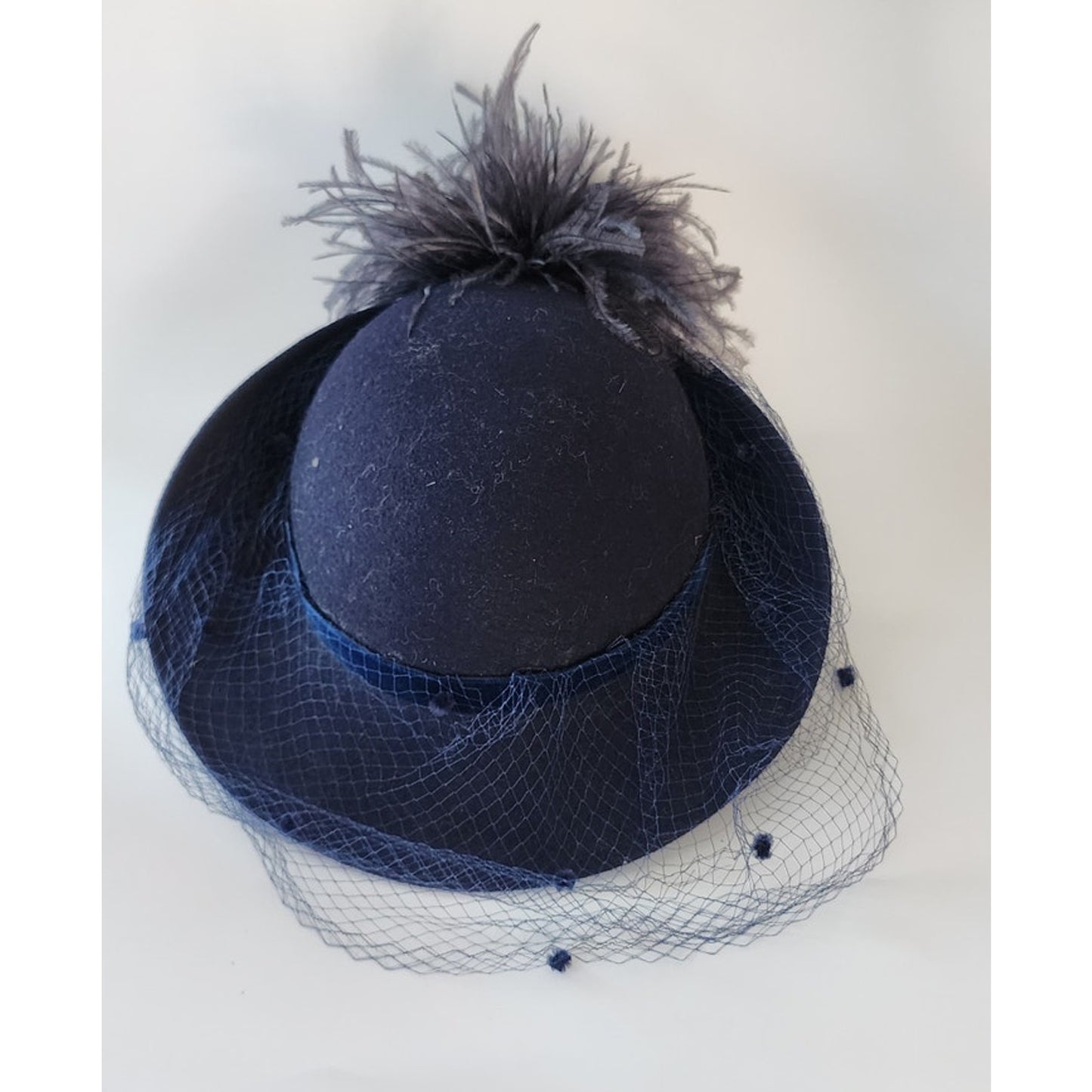 Vintage 70s Navy Blue Wool Hat w/Ostrich Feither & Dotted Veil Georgi