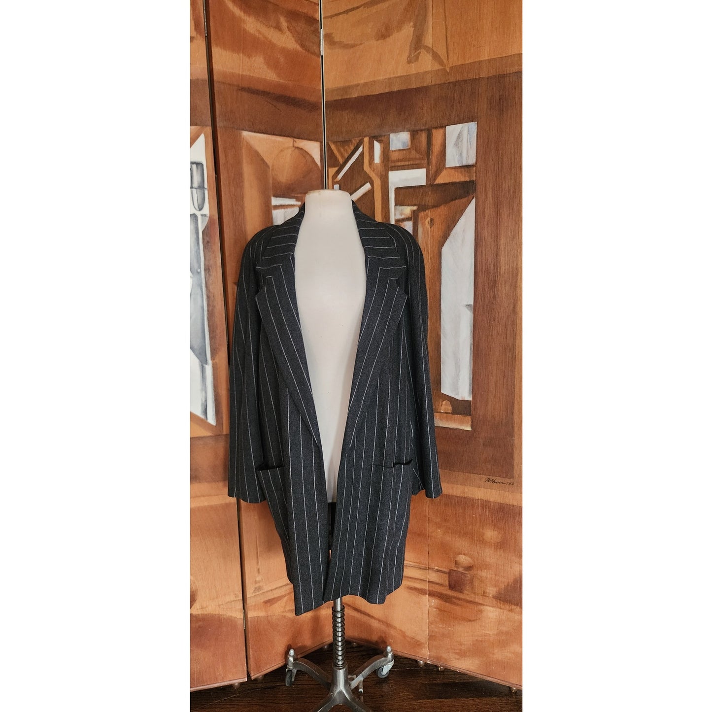 Vintage 80s Oversized Blazer Gray Pinstriped Long Jacket / L