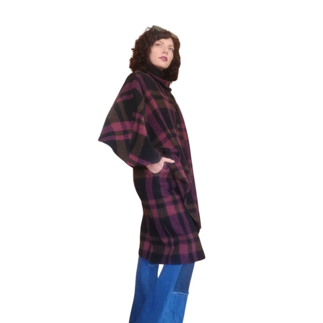 Vintage 90s Purple Wool Plaid Poncho Cloak Coat Cape w/Scarf