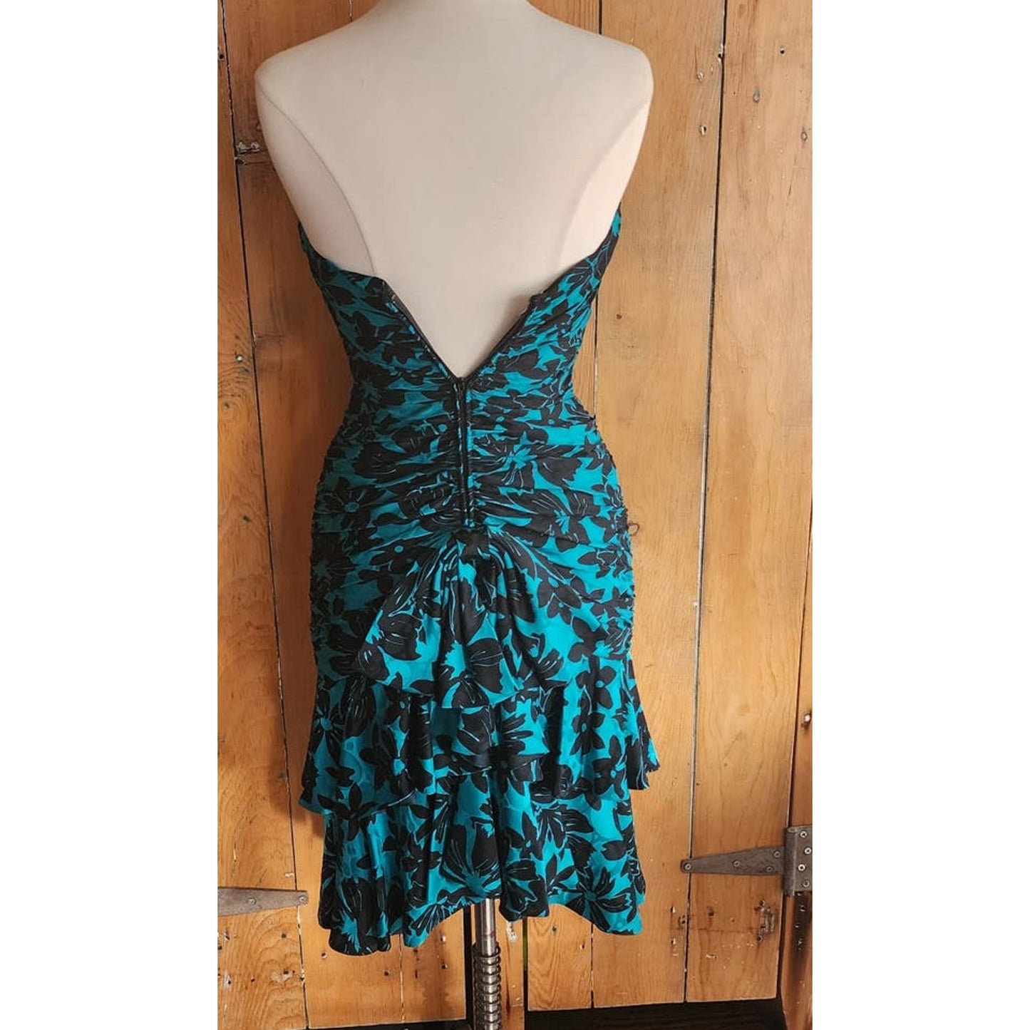 Vintage 80s Strapless Party Dress Teal Black Floral Print