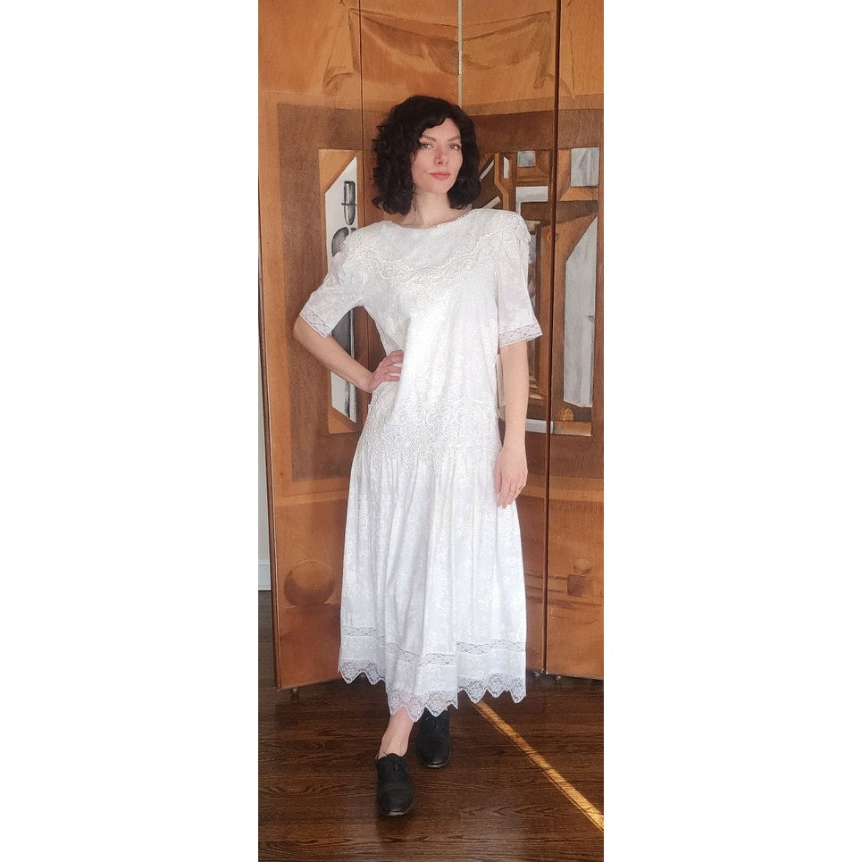 Vintage 80s Scott McClintock White Lace Dress Drop Waist Puffed Sleeves NWT