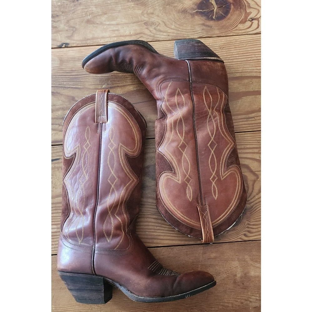 Vintage Dan Post Women's Cowboy Boots Embroidered Brown Leather & Suede Size 7 1/2