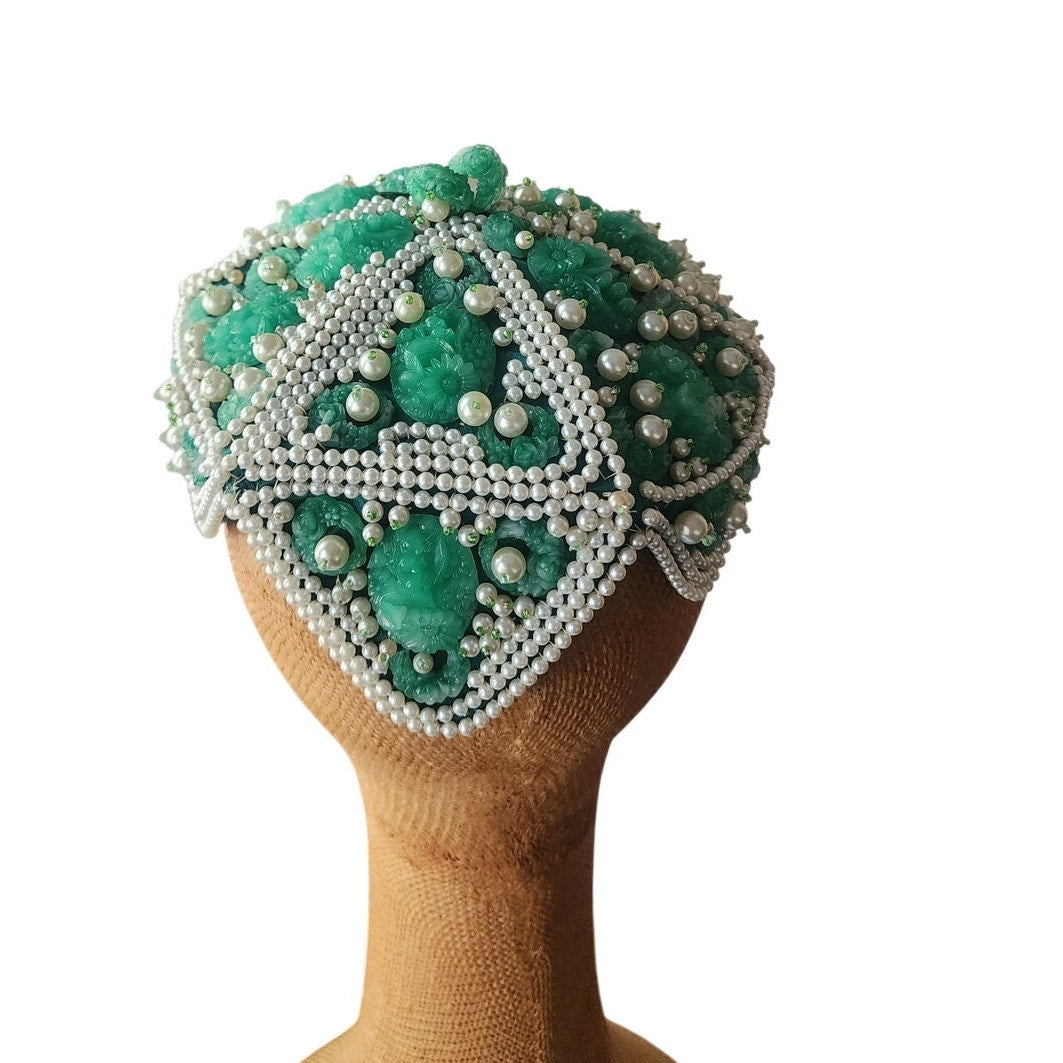 Vintage 1950s Ornate Cocktail Hat Green White Beaded Exotic