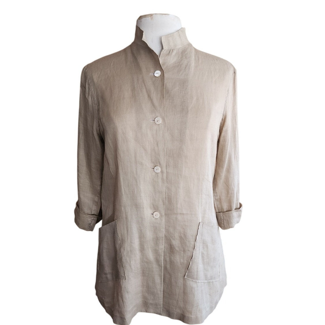 Vintage 90s Jil Sander Pant Suit Beige Ramie Nehru Jacket + Slacks