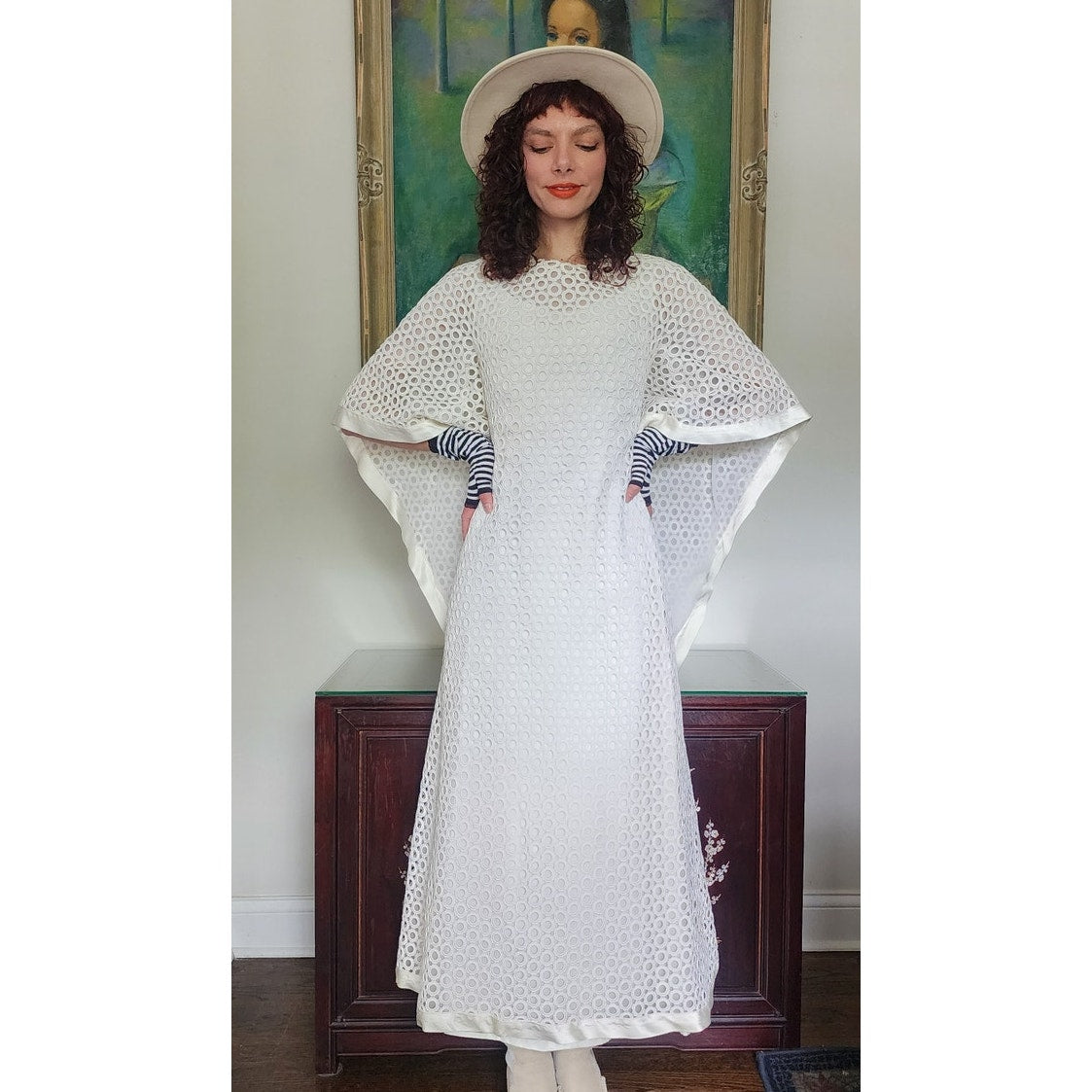Vintage 70s White Maxi Dress Openwork Crochet Bridal Dress w/Capelet