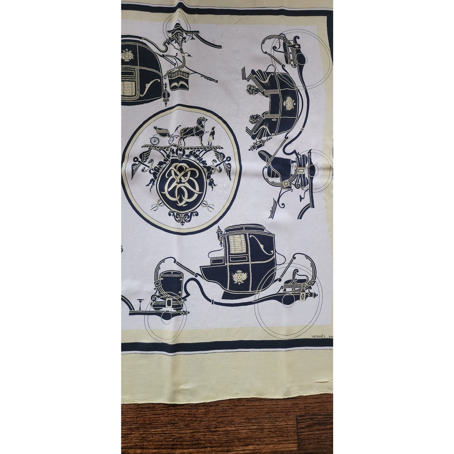 Vintage HERMES Scarf Square Silk Ex-Libris Yellow Hugo Grygkar Horse Carriages