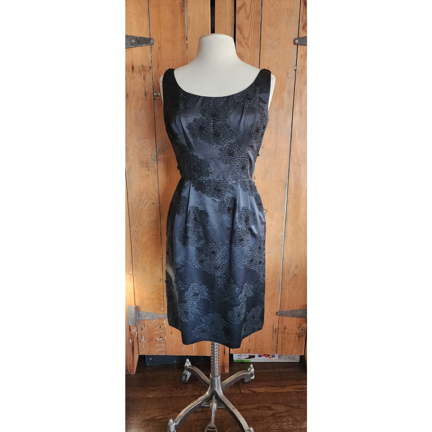 60s Wiggle Dress Black Beaded Silk Hong Kong Embroidery / M